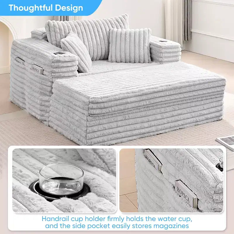 Canapé-lit moderne en velours côtelé, fauteuil simple avec porte-gobelets, poches latérales, accoudoirs larges, idéal pour les appartements
