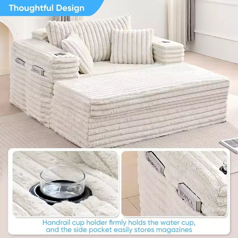 Canapé-lit moderne en velours côtelé, fauteuil simple avec porte-gobelets, poches latérales, accoudoirs larges, idéal pour les appartements
