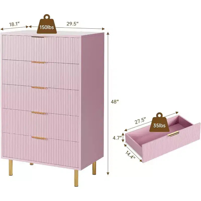 Commode à 5 tiroirs, armoire de rangement moderne avec poignées dorées pour chambre à coucher