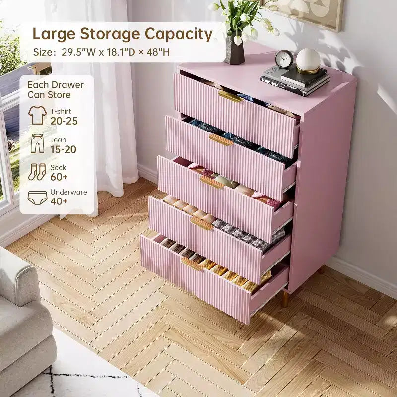 Commode à 5 tiroirs, armoire de rangement moderne avec poignées dorées pour chambre à coucher