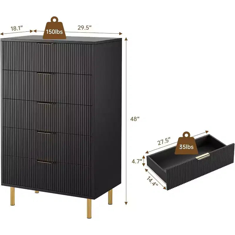 Commode à 5 tiroirs, armoire de rangement moderne avec poignées dorées pour chambre à coucher