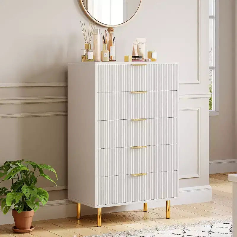 Commode à 5 tiroirs, armoire de rangement moderne avec poignées dorées pour chambre à coucher