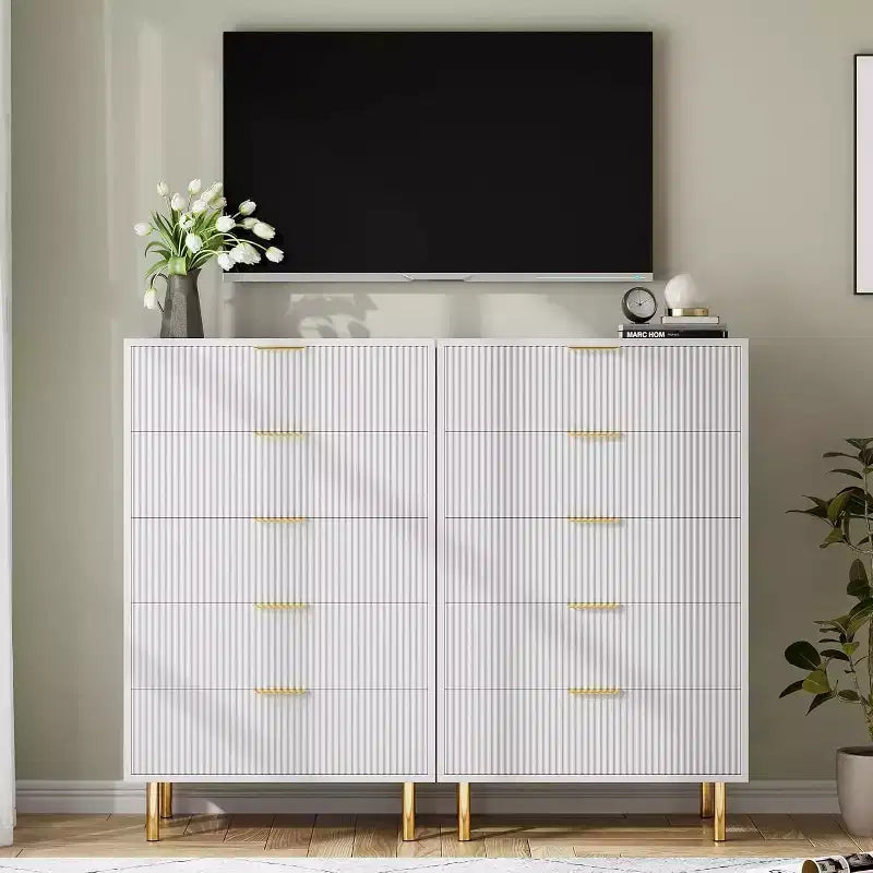 Commode à 5 tiroirs, armoire de rangement moderne avec poignées dorées pour chambre à coucher
