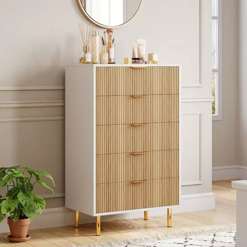 Commode à 5 tiroirs, armoire de rangement moderne avec poignées dorées pour chambre à coucher