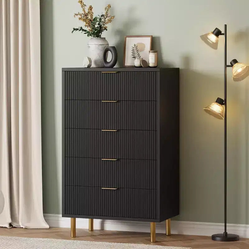 Commode à 5 tiroirs, armoire de rangement moderne avec poignées dorées pour chambre à coucher