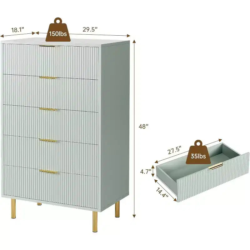 Commode à 5 tiroirs, armoire de rangement moderne avec poignées dorées pour chambre à coucher