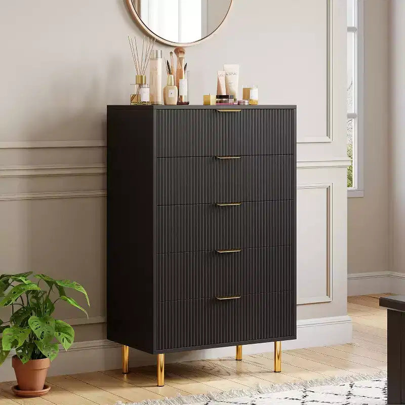 Acekool 5 Drawer Dresser, Modern Storage Cabinet with Gold Handles for Bedroom