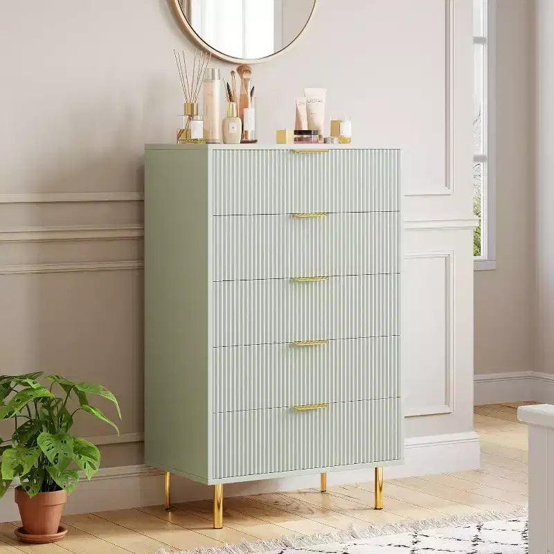 Commode à 5 tiroirs, armoire de rangement moderne avec poignées dorées pour chambre à coucher