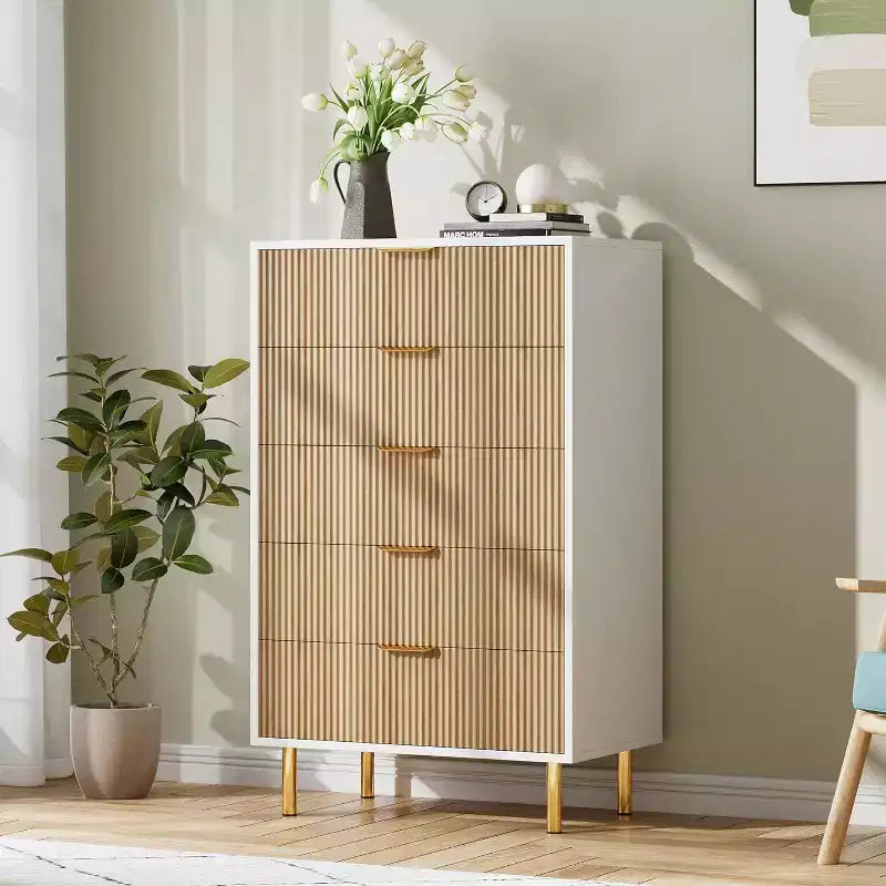 Commode à 5 tiroirs, armoire de rangement moderne avec poignées dorées pour chambre à coucher