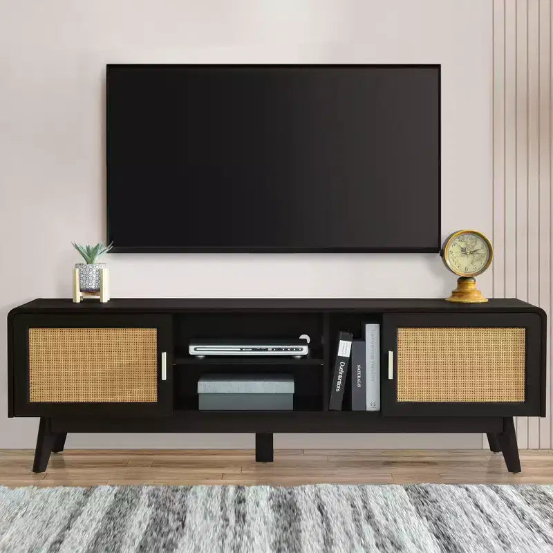 Clihome 63'' Dark Rattan TV Stand with 2 Storage Cabinets for 65 Inch TV,Entertainment Center with Solid Wood Legs,Media Console Table for Living Room