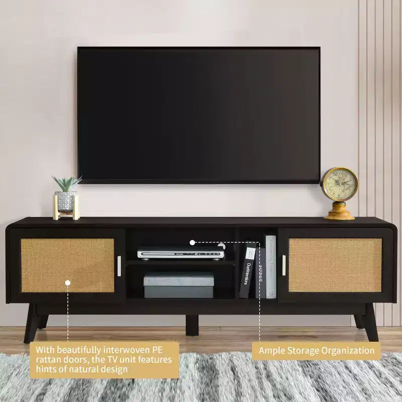 Meuble TV en rotin foncé avec 2 armoires de rangement pour téléviseur de 65 pouces, meuble de divertissement avec pieds en bois massif, table console multimédia pour salon