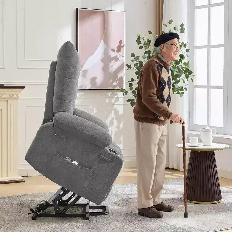 Canapé électrique releveur avec massage et chauffage Largeur d'assise 57cm Lin Gris Cadre en fer Rembourrage doux Motif oreilles de chat Salon Utilisation pour personnes âgées