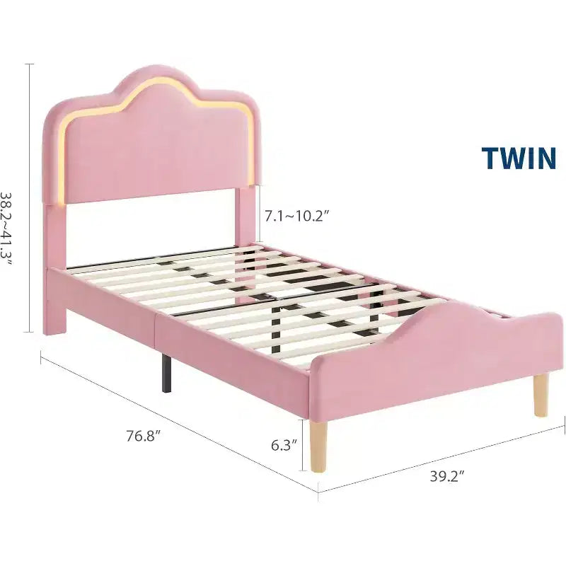 Cadre de lit rembourré une place avec tête de lit et pied de lit réglables, lit plateforme princesse en velours pour enfants, lattes en bois robustes, montage facile
