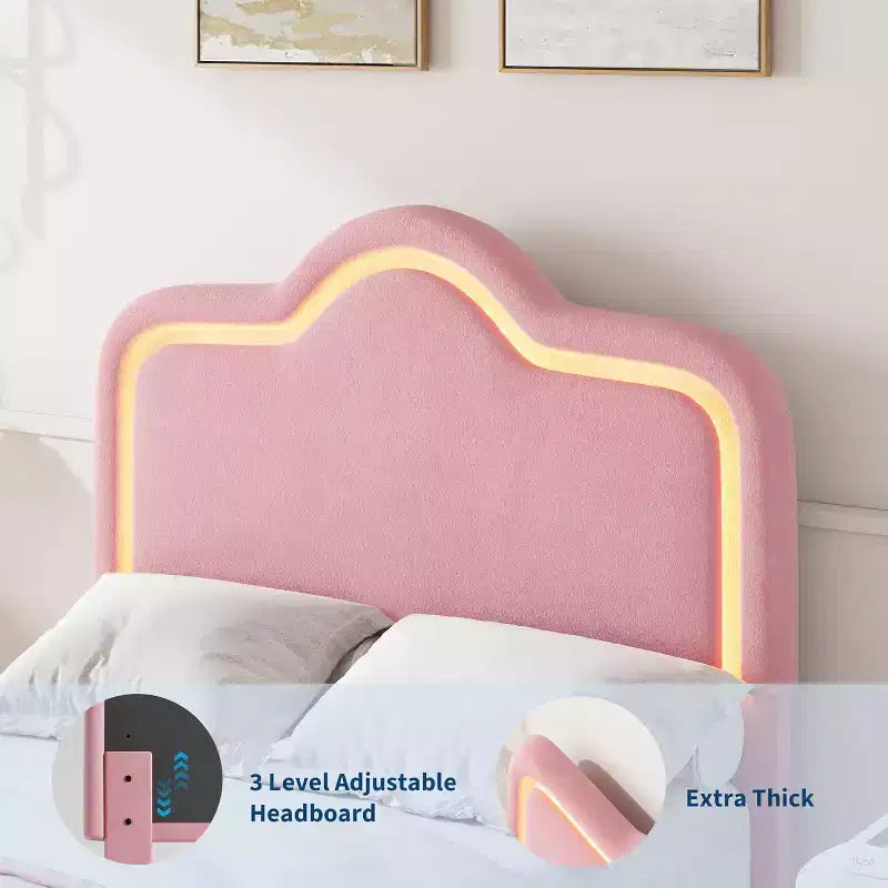 Cadre de lit rembourré une place avec tête de lit et pied de lit réglables, lit plateforme princesse en velours pour enfants, lattes en bois robustes, montage facile