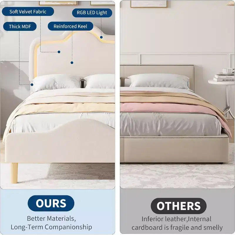 Cadre de lit rembourré une place avec tête de lit et pied de lit réglables, lit plateforme princesse en velours pour enfants, lattes en bois robustes, montage facile