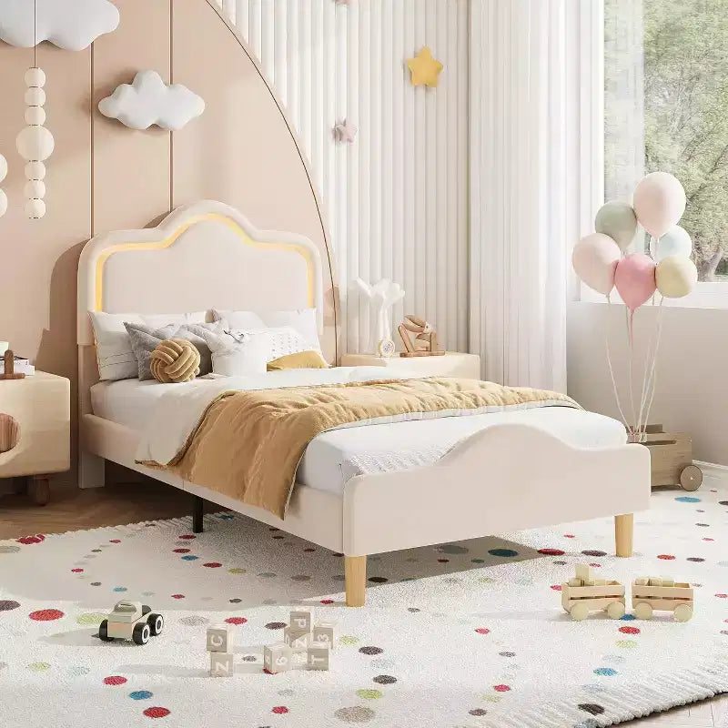 COZONY Twin Size Upholstered Bed Frame with Adjustable Headboard & Footboard, Velvet Princess Platform Bed for Kids, Sturdy Wood Slats, Easy Assembly