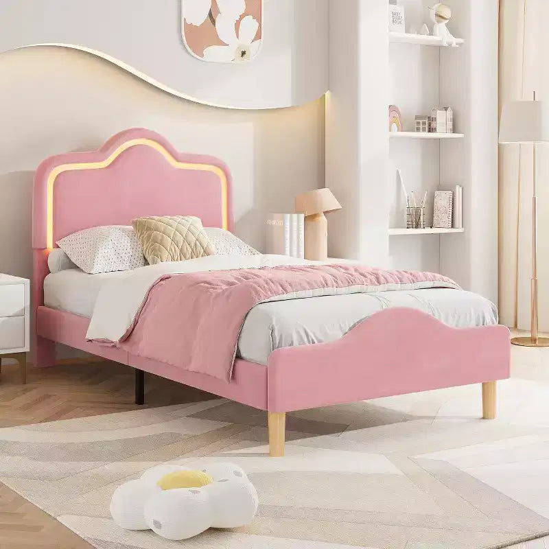 Cadre de lit rembourré une place avec tête de lit et pied de lit réglables, lit plateforme princesse en velours pour enfants, lattes en bois robustes, montage facile