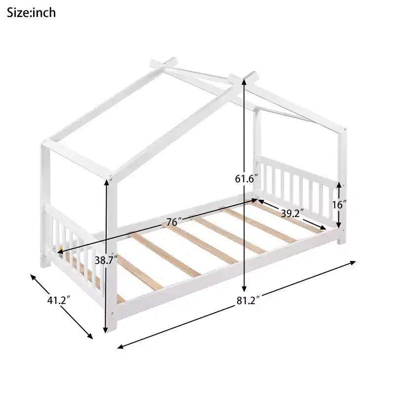 Lit jumeau pour enfants avec toit, tête et pied de lit, plateforme en bois naturel, design ludique de maisonnette ouverte, blanc/naturel