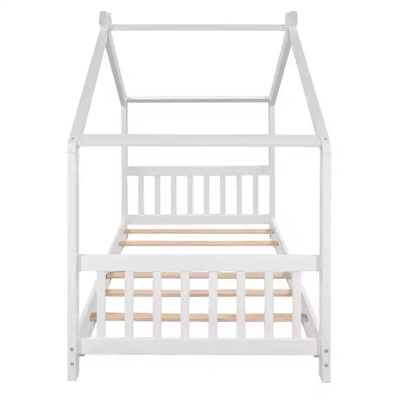 Lit jumeau pour enfants avec toit, tête et pied de lit, plateforme en bois naturel, design ludique de maisonnette ouverte, blanc/naturel
