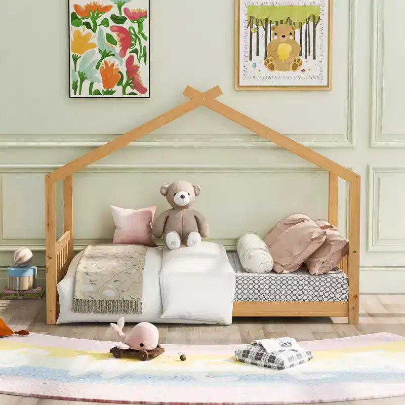 Lit jumeau pour enfants avec toit, tête et pied de lit, plateforme en bois naturel, design ludique de maisonnette ouverte, blanc/naturel