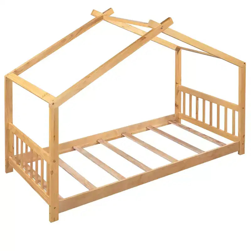 Lit jumeau pour enfants avec toit, tête et pied de lit, plateforme en bois naturel, design ludique de maisonnette ouverte, blanc/naturel