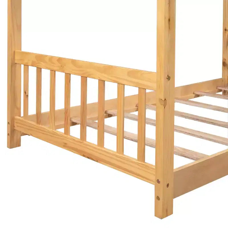 Lit jumeau pour enfants avec toit, tête et pied de lit, plateforme en bois naturel, design ludique de maisonnette ouverte, blanc/naturel