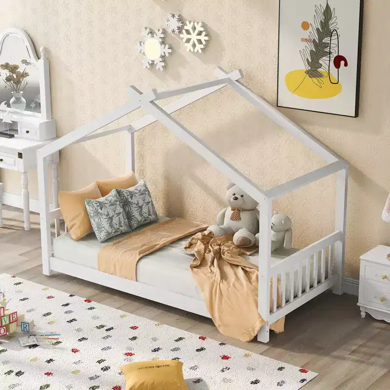 Lit jumeau pour enfants avec toit, tête et pied de lit, plateforme en bois naturel, design ludique de maisonnette ouverte, blanc/naturel
