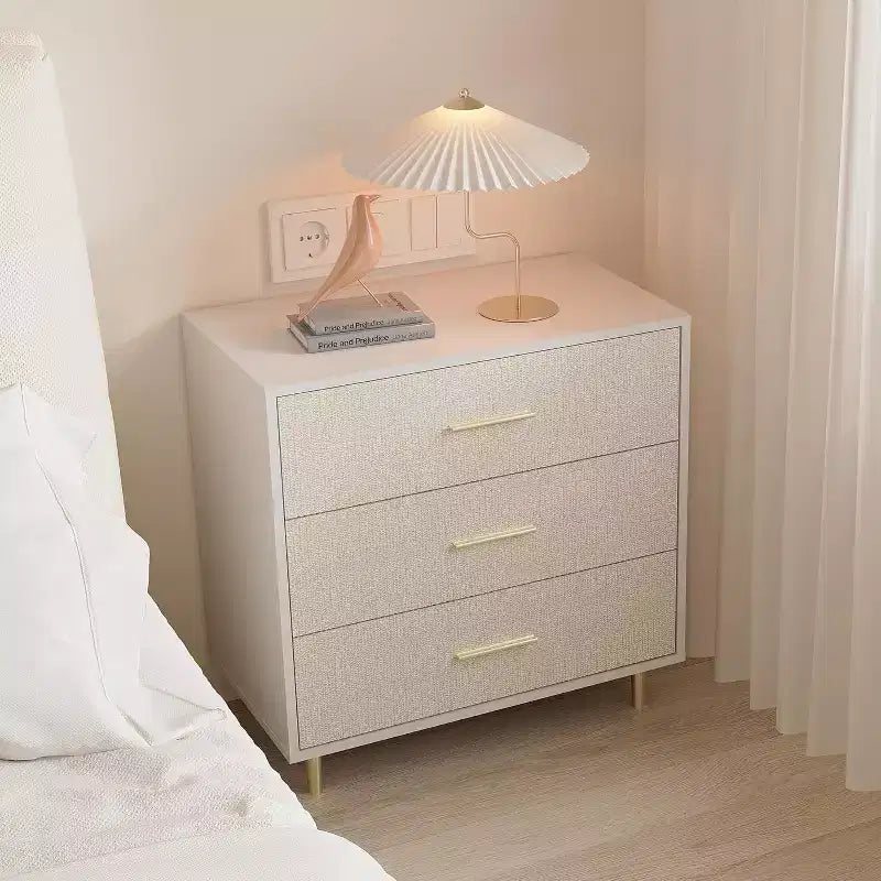 Acekool White Dresser, Narrow Modern Chest with Gold Metal Handles and Legs, Fabric Front Storage Cabinet for Bedroom and Entryway