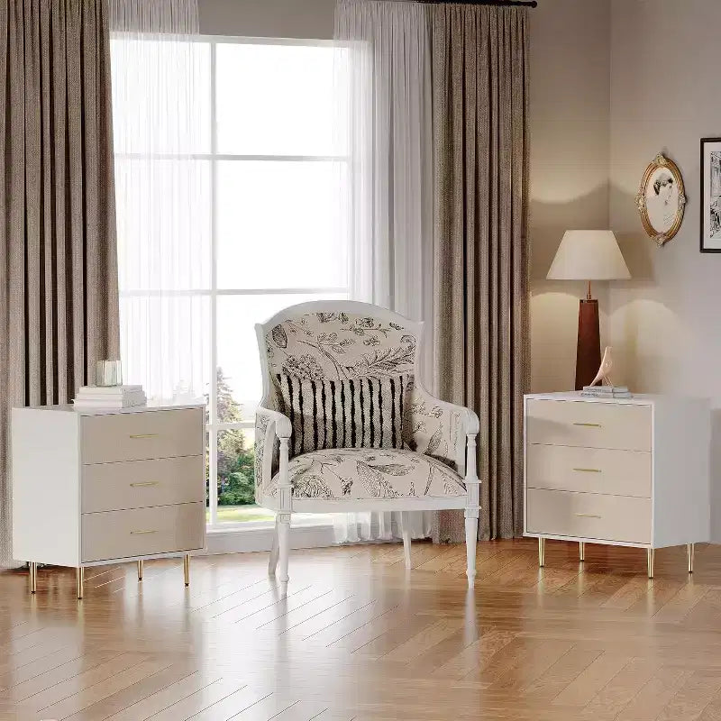 Commode Blanche, Commode Moderne Étroite avec Poignées et Pieds en Métal Doré, Meuble de Rangement à Façade en Tissu pour Chambre et Entrée