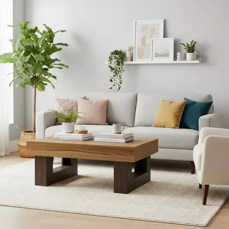 Homy Casa 42 Rustic Brown Rectangular Coffee Table with Storage Shelf, MDF Farmhouse Center Table for Living Room or Lounge Space