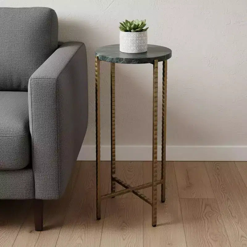 Table d'appoint ronde verte et or en marbre et fer pour boissons