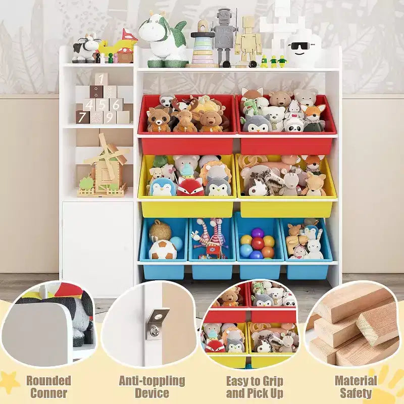 Organisateur de rangement de 43,5 pouces de large avec 8 bacs amovibles et plusieurs casiers, étagère de rangement à 4 niveaux pour livres et loisirs créatifs, bibliothèque pour chambre à coucher, salle de classe