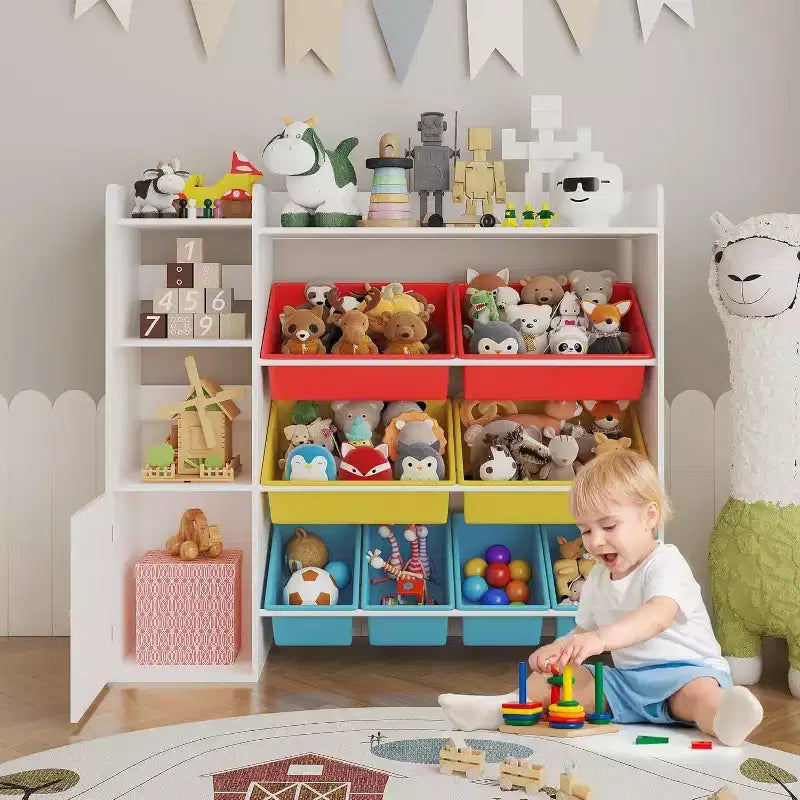 Organisateur de rangement de 43,5 pouces de large avec 8 bacs amovibles et plusieurs casiers, étagère de rangement à 4 niveaux pour livres et loisirs créatifs, bibliothèque pour chambre à coucher, salle de classe