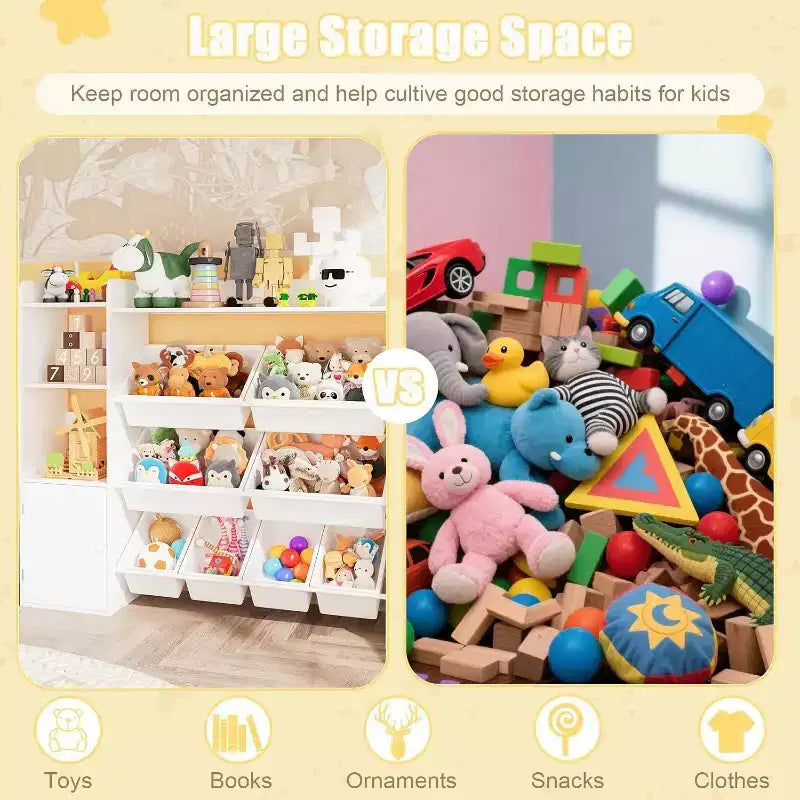Organisateur de rangement de 43,5 pouces de large avec 8 bacs amovibles et plusieurs casiers, étagère de rangement à 4 niveaux pour livres et loisirs créatifs, bibliothèque pour chambre à coucher, salle de classe