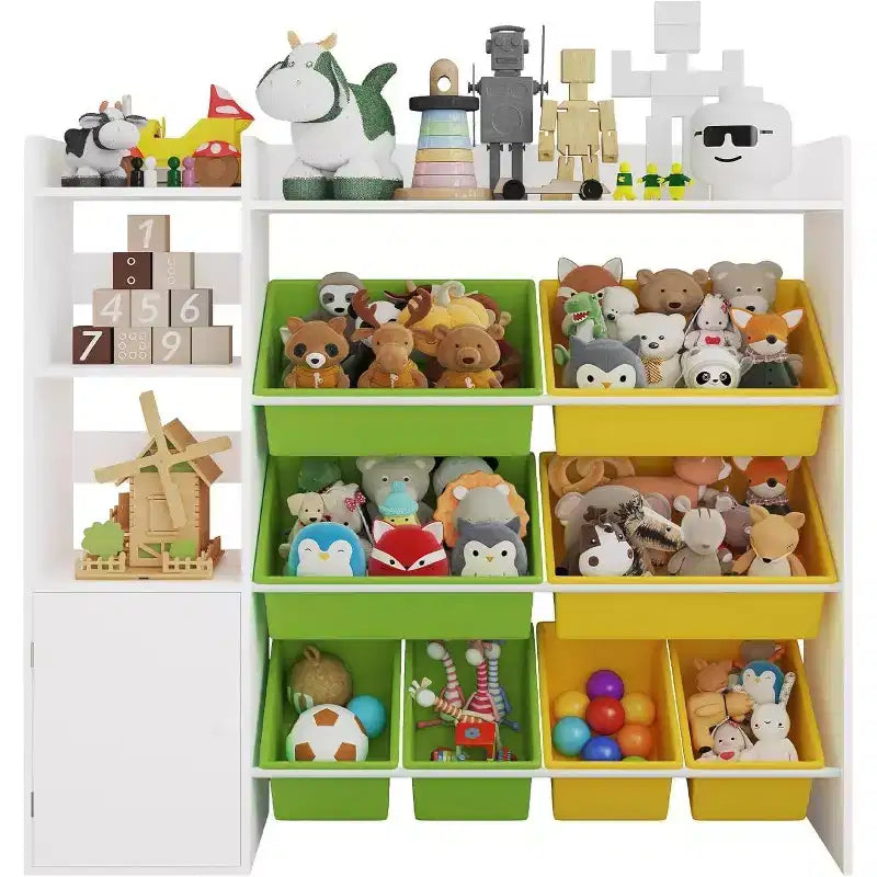 Organisateur de rangement de 43,5 pouces de large avec 8 bacs amovibles et plusieurs casiers, étagère de rangement à 4 niveaux pour livres et loisirs créatifs, bibliothèque pour chambre à coucher, salle de classe
