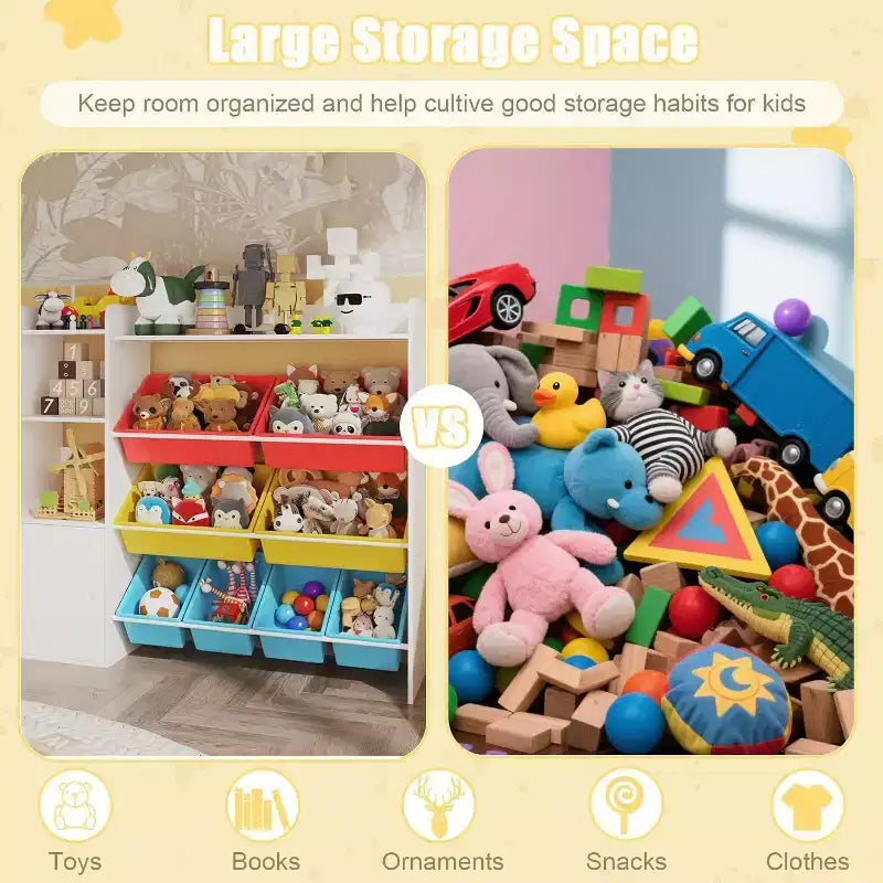 Organisateur de rangement de 43,5 pouces de large avec 8 bacs amovibles et plusieurs casiers, étagère de rangement à 4 niveaux pour livres et loisirs créatifs, bibliothèque pour chambre à coucher, salle de classe