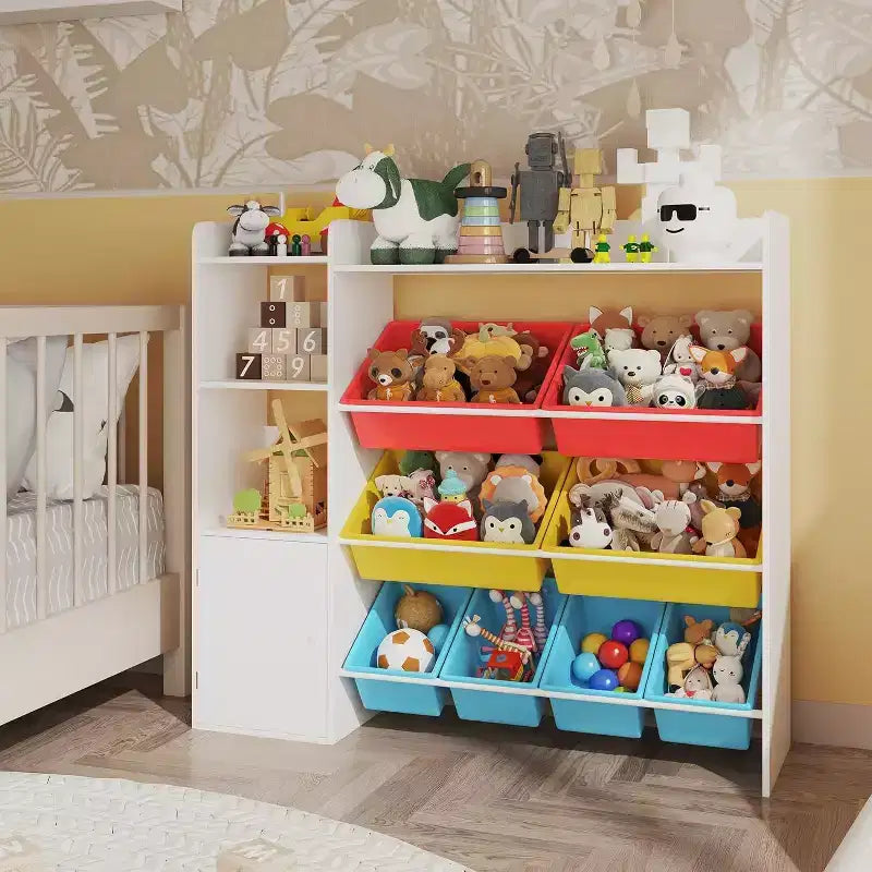Organisateur de rangement de 43,5 pouces de large avec 8 bacs amovibles et plusieurs casiers, étagère de rangement à 4 niveaux pour livres et loisirs créatifs, bibliothèque pour chambre à coucher, salle de classe