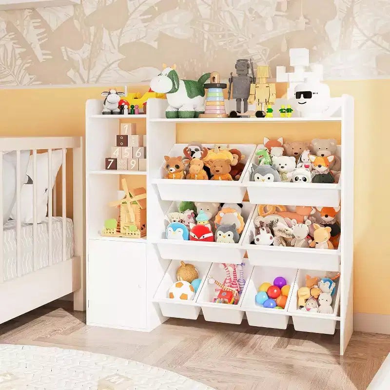 Organisateur de rangement de 43,5 pouces de large avec 8 bacs amovibles et plusieurs casiers, étagère de rangement à 4 niveaux pour livres et loisirs créatifs, bibliothèque pour chambre à coucher, salle de classe