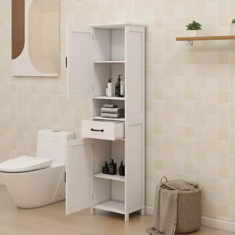 Meuble Colonne Étroit à Deux Portes et Hauteur Réduite, Idéal pour Salles de Bains et Cuisines - Blanc