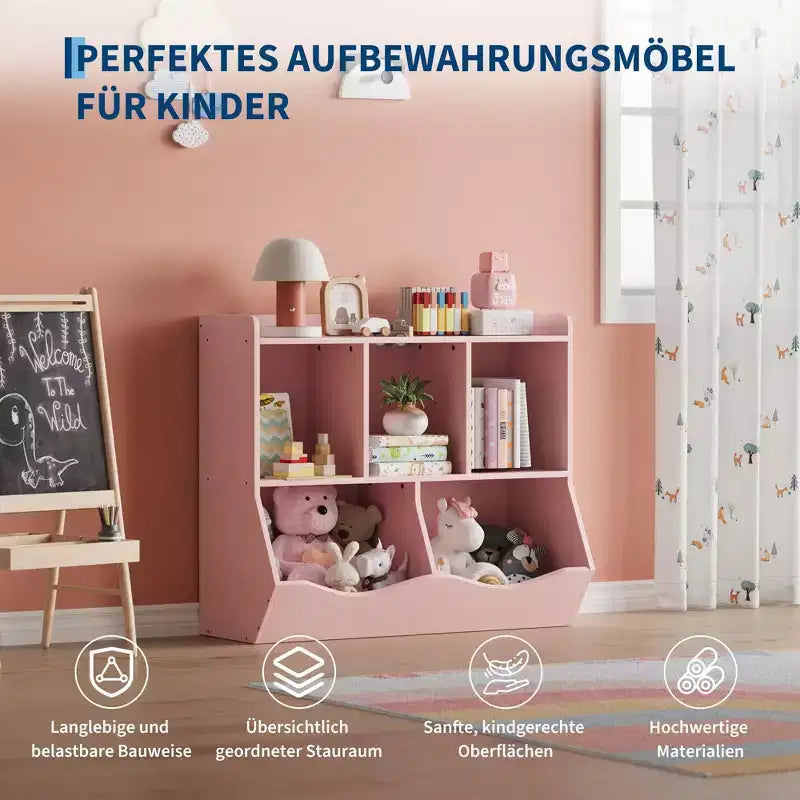 Organisateur de rangement de jouets en bois à 3 niveaux et étagère à livres pour enfants - Étagère à livres à 5 sections pour garderie Rose