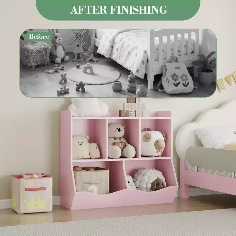 Organisateur de rangement de jouets en bois à 3 niveaux et étagère à livres pour enfants - Étagère à livres à 5 sections pour garderie Rose