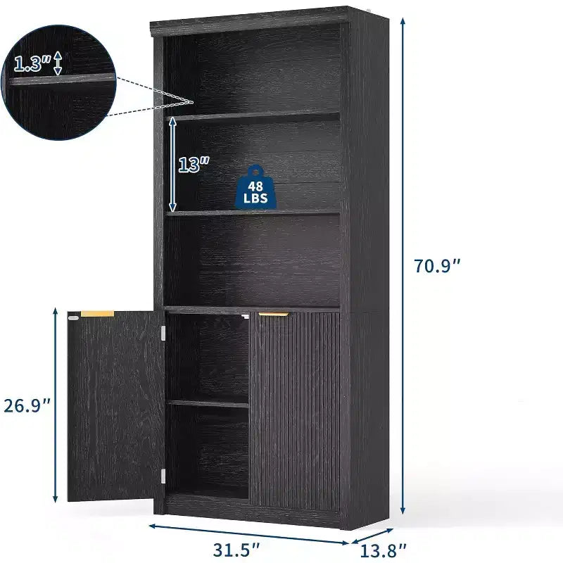 Bibliothèque à 5 niveaux avec armoire de rangement et étagère réglable, étagères de style moderne du milieu du siècle pour le bureau à domicile, le salon