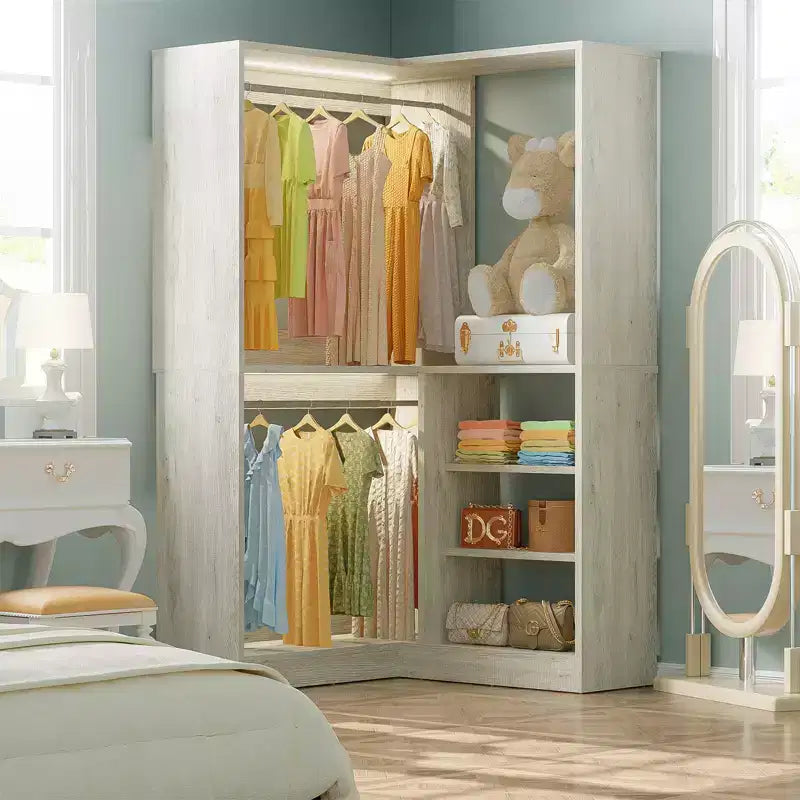 Besiost Corner Closet System with Shelf, Freestanding Closet Organizer with 2 Hanging Rods