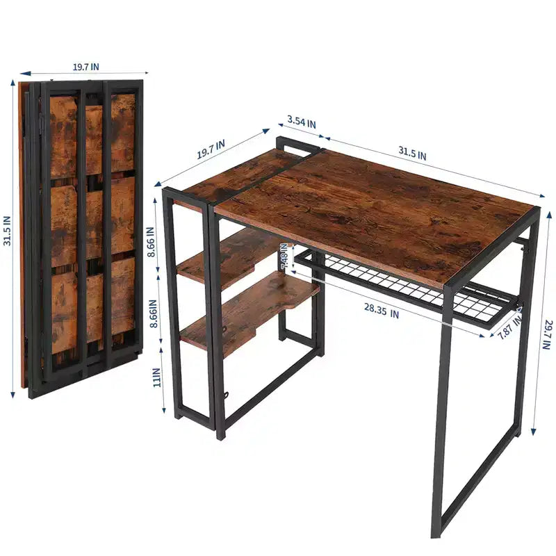 Bureau pliant de 89 cm avec étagère de rangement, bureau d'ordinateur peu encombrant, table robuste sans assemblage, pour chambre, bureau à domicile, dortoir