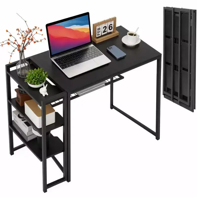 Bureau pliant de 89 cm avec étagère de rangement, bureau d'ordinateur peu encombrant, table robuste sans assemblage, pour chambre, bureau à domicile, dortoir