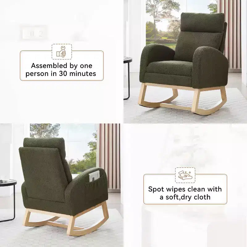 Fauteuil à bascule Teddy en tissu, repose-pieds réglable, appui-tête épaissi, poche de rangement, base en bois massif, chambre de bébé/salon, blanc