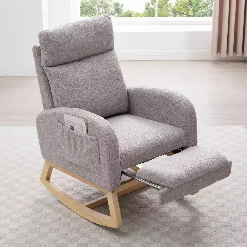 Fauteuil à bascule Teddy en tissu, repose-pieds réglable, appui-tête épaissi, poche de rangement, base en bois massif, chambre de bébé/salon, blanc