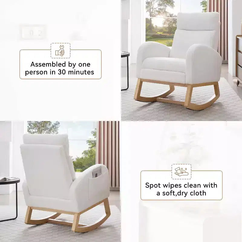 Fauteuil à bascule Teddy en tissu, repose-pieds réglable, appui-tête épaissi, poche de rangement, base en bois massif, chambre de bébé/salon, blanc