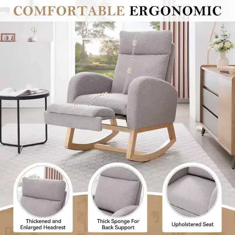 Fauteuil à bascule Teddy en tissu, repose-pieds réglable, appui-tête épaissi, poche de rangement, base en bois massif, chambre de bébé/salon, blanc