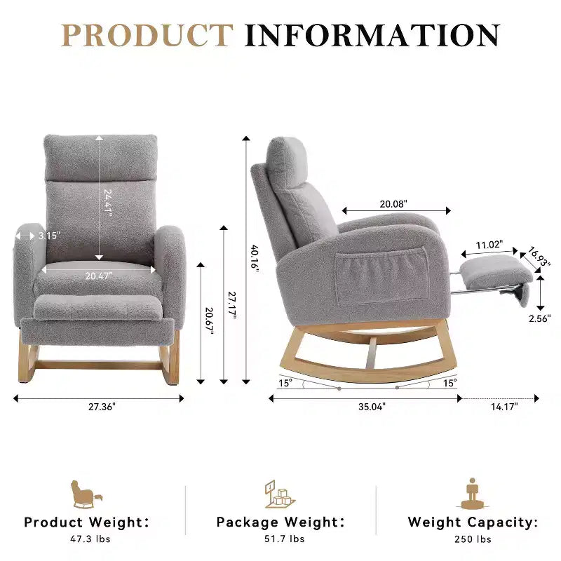 Fauteuil à bascule Teddy en tissu, repose-pieds réglable, appui-tête épaissi, poche de rangement, base en bois massif, chambre de bébé/salon, blanc